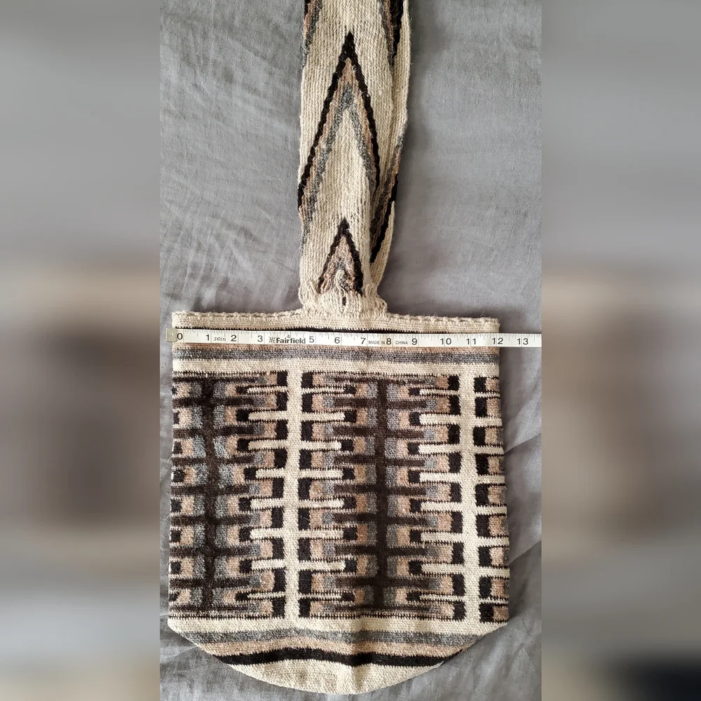 Handwoven Arhuaco Wool Bag With Sacred Geometric Patterns Tan and Brown - Picture 1 of 7